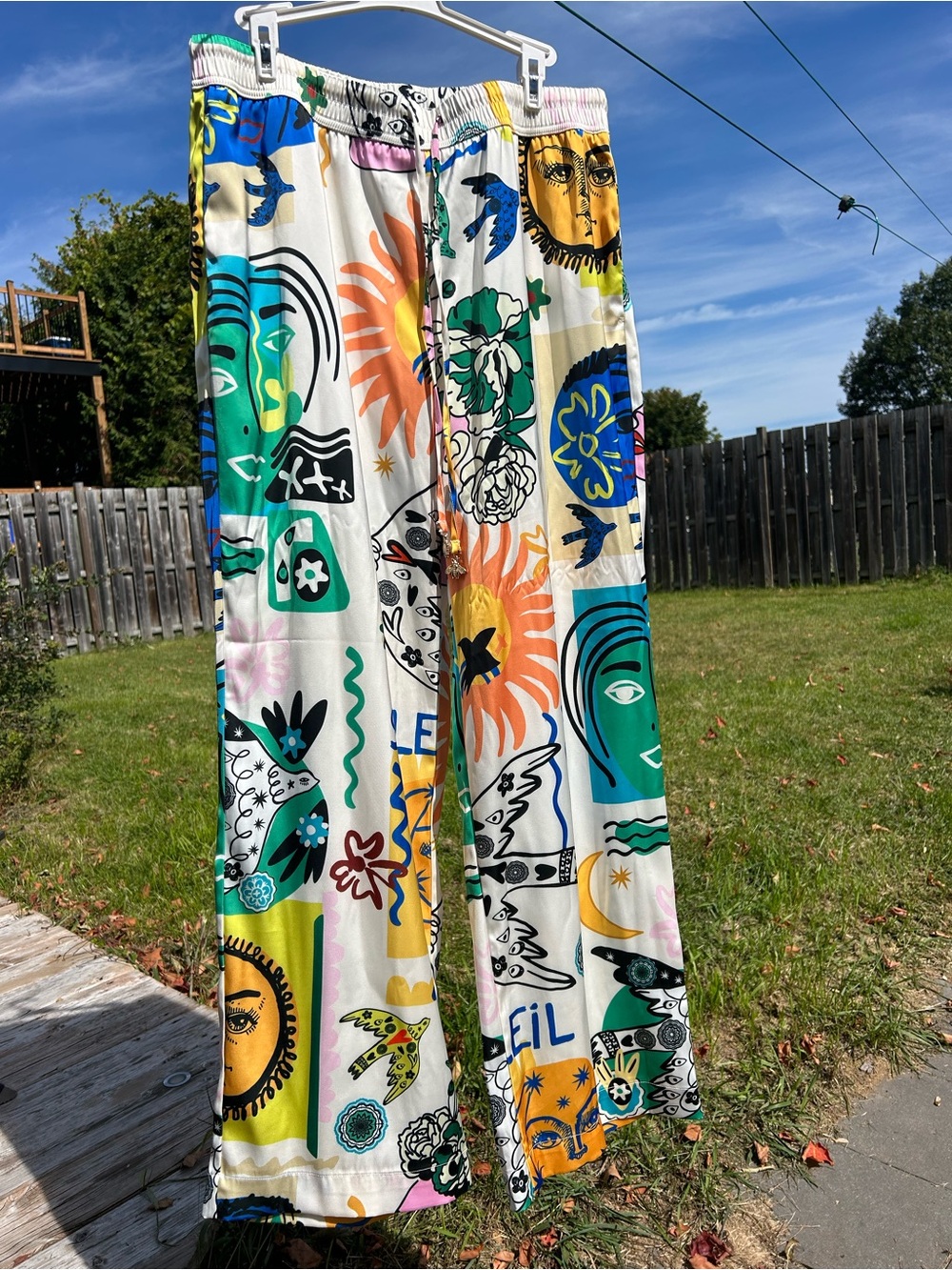 Colorful Soleil Print Wide-Leg Satin Pants